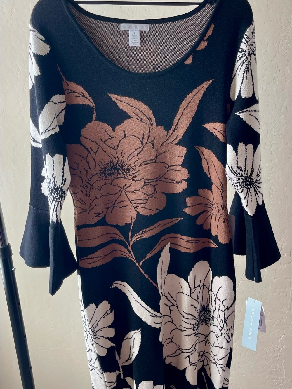 London Times Black Floral Knit Dress - Brown & Cream Floral